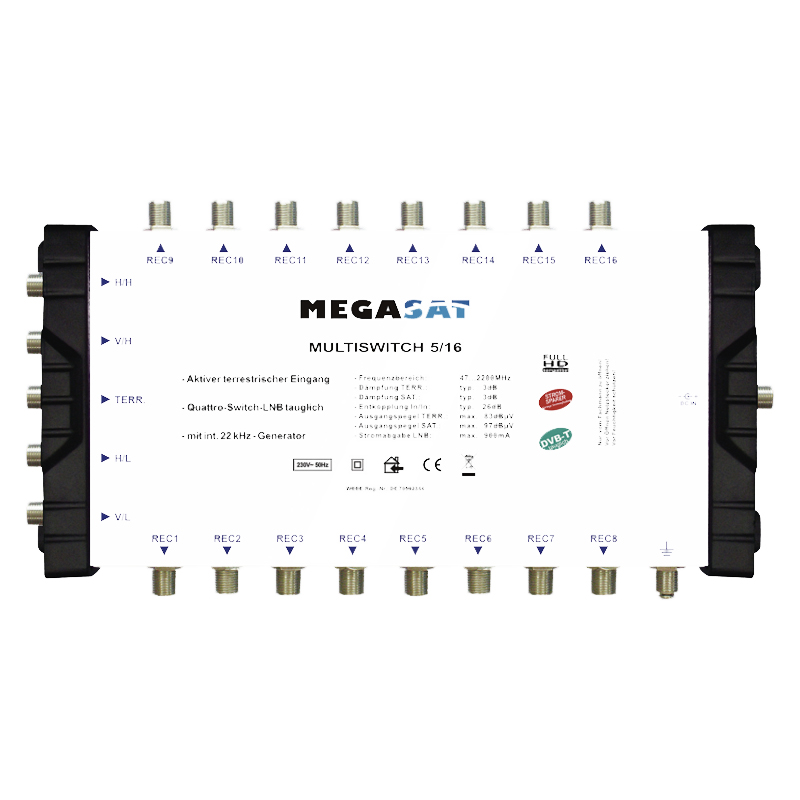 Megasat. Multiswitch compact, 5 entrées, 16 sorties, compatible LNB Switch quattro, amortissement de raccordement SAT 3 dB, terrestre 3 dB