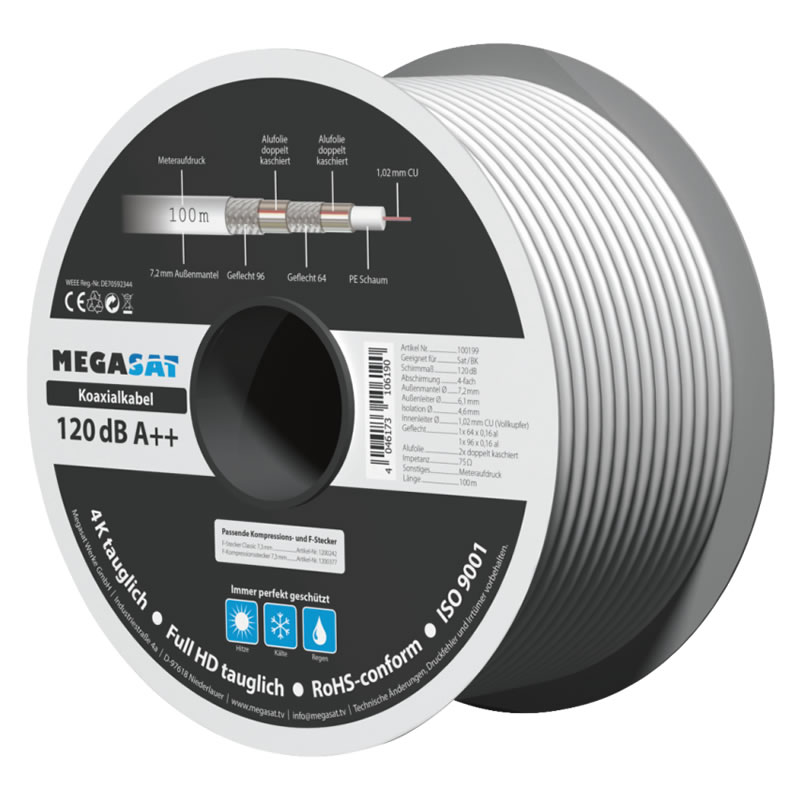 Megasat bobine câble Coaxial blanc 100 M / 120 DB