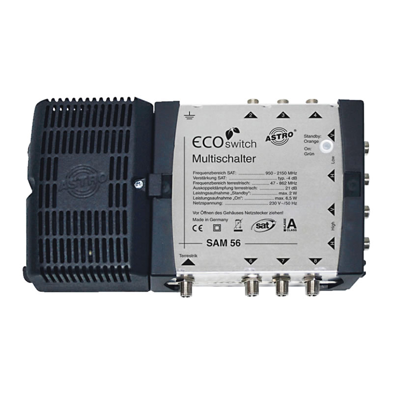 Astro SAM-56 multiswitch compact, 5 entrées, 6 sorties, alimentation intégrée. Idéal pour clients privés pour distribution dans 6 pièces maximum