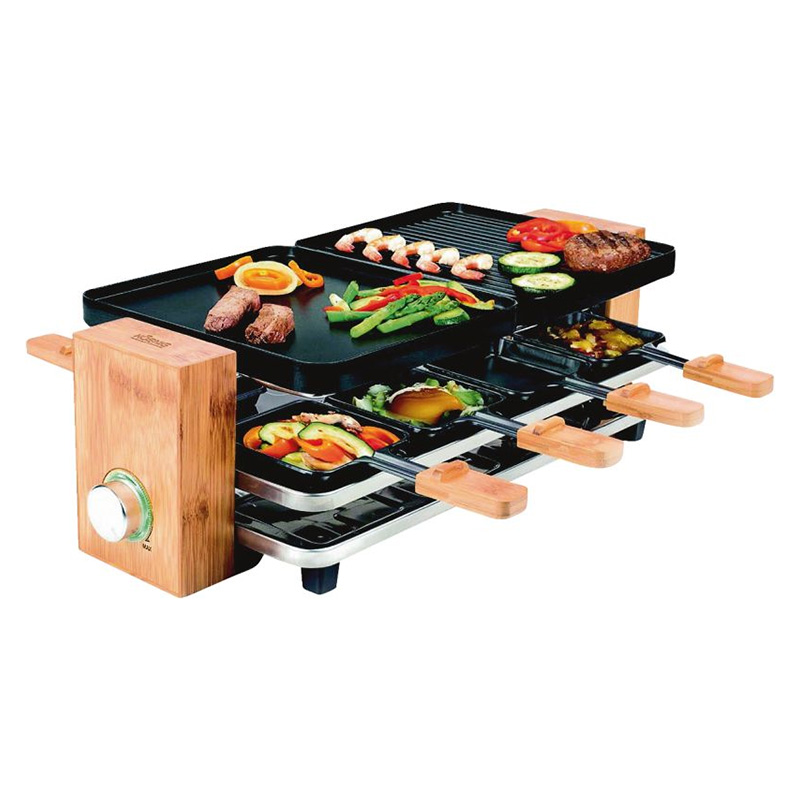 Appareil à raclette, rectangulaire, surface gril réversible, détachable, Koenig Raclette Grill Bamboo 1200 W AVEC 8 Poêlons et 8 spatules bois