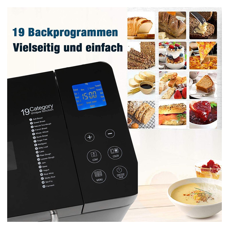 710 W argenté Coocher Machine à pain 19 programmes de cuisson avec boîte à pain automatique et écran LED 15 heures de minuterie 