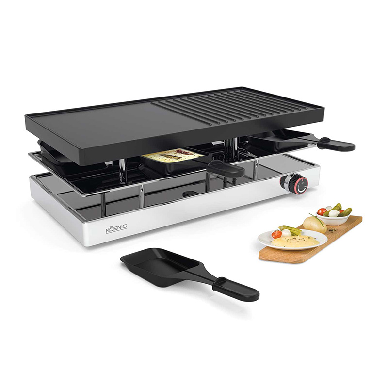 surface gril réversible, strié, lisse, plaque crêpière, 8 poêlons à raclette, surface gril réversible, strié, lisse, plaque crêpière, 8 spatules bois