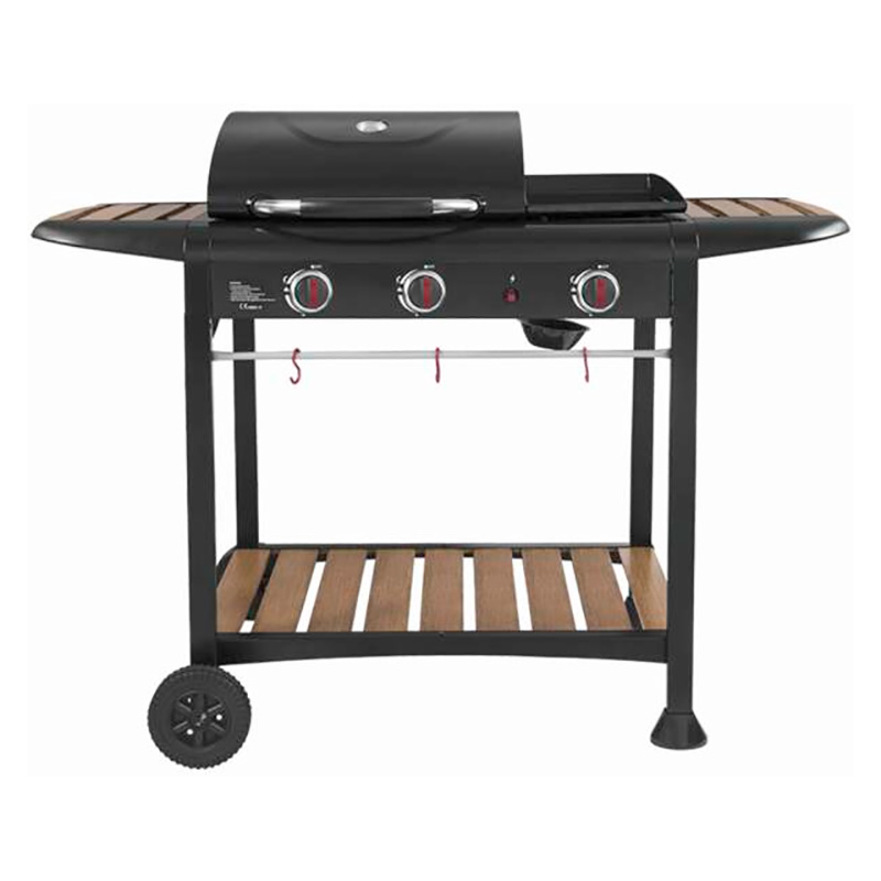 Grill à gaz barbecue, déplaçable sur roulettes, rectangulaire, surfaces grill: 42 x 48 cm, tablettes: 2, 9 Watts, couvercle