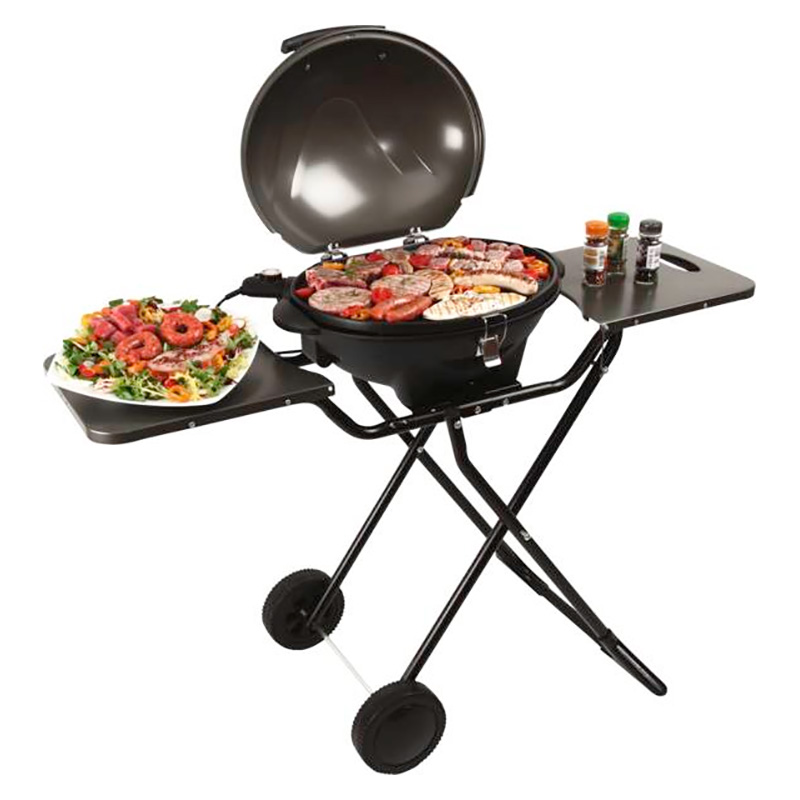 Grill barbecue électrique, rond, élément grill: plaque grill, revêtement anti adhésif, amovible sur roulettes, très pratique