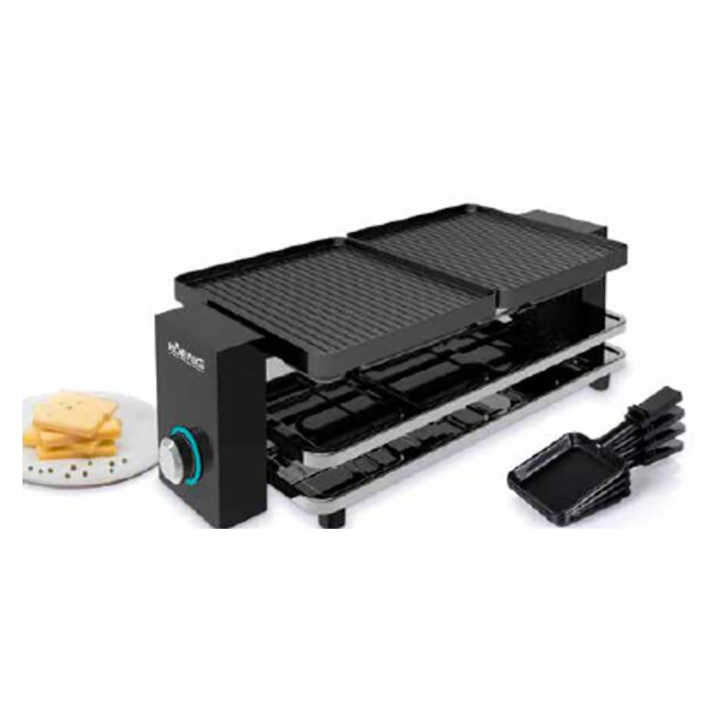 Raclette-Grill Piano Noir 8. Appareil à raclette, surface grill réversible strié, lisse, 8 poêlons à raclette, 1300 Watts,