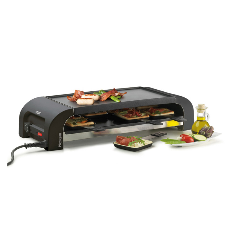 Appareil à raclette, surface gril lisse, 8 poêlons à raclette, revêtement anti adhésif, régleur de température, 1450 Watts, 8 spatules plastique