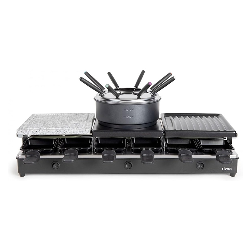 Livoo Grill à Raclette Fondue et Grillade 12 Personnes max. Profitez d'une bonne raclette ou d'une fondue simultanément en famille ou entre amis
