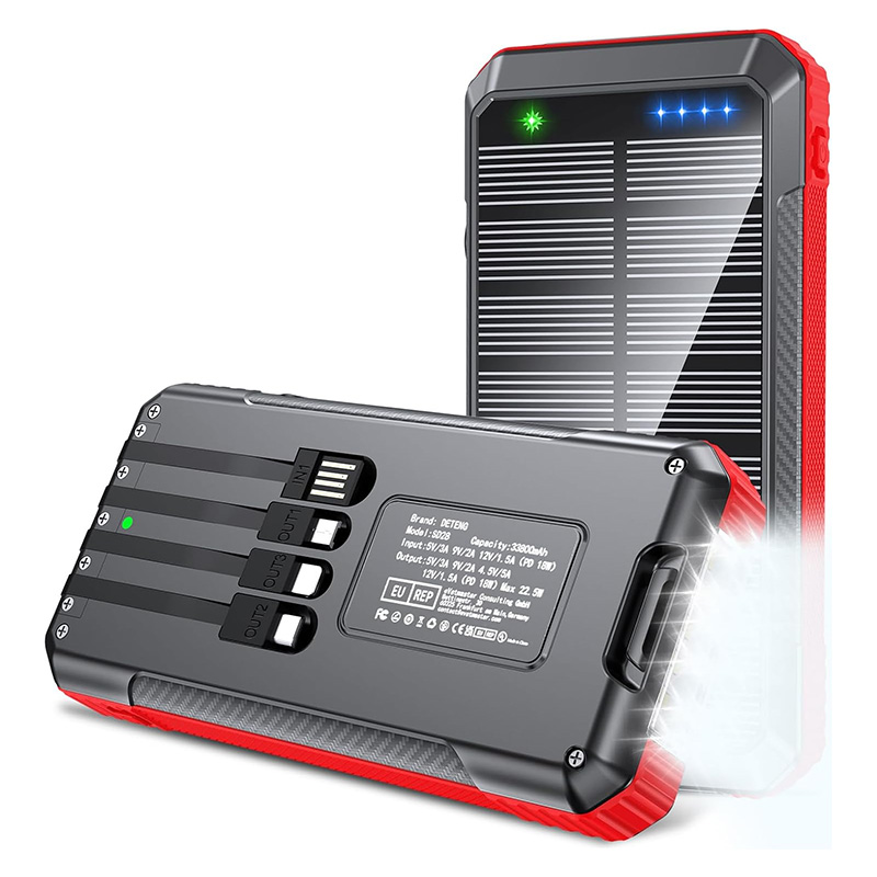 Batterie externe solaire 33 800 mAh 4 câbles intégrés, USB C 22,5 W, charge rapide, 6 sorties et 4 entrées avec lumières de camping LED