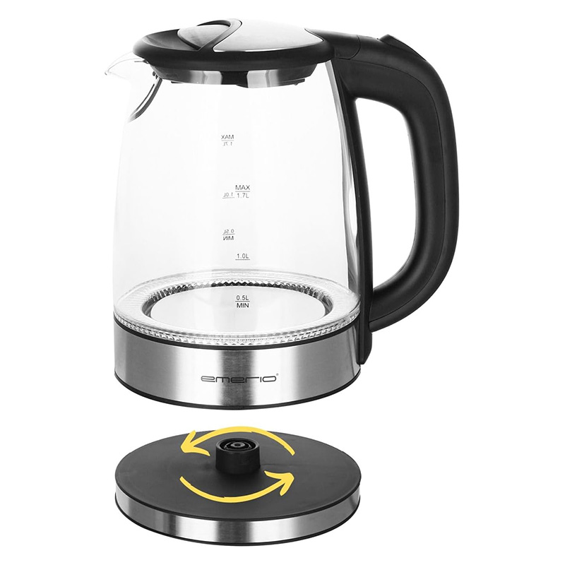 Emerio Verre borosilicate, Couvercle de sécurité amovible manuellement., Sans fil, Filtre anti-calcaire, Arrêt automatique, 1.7 L, 2200 W
