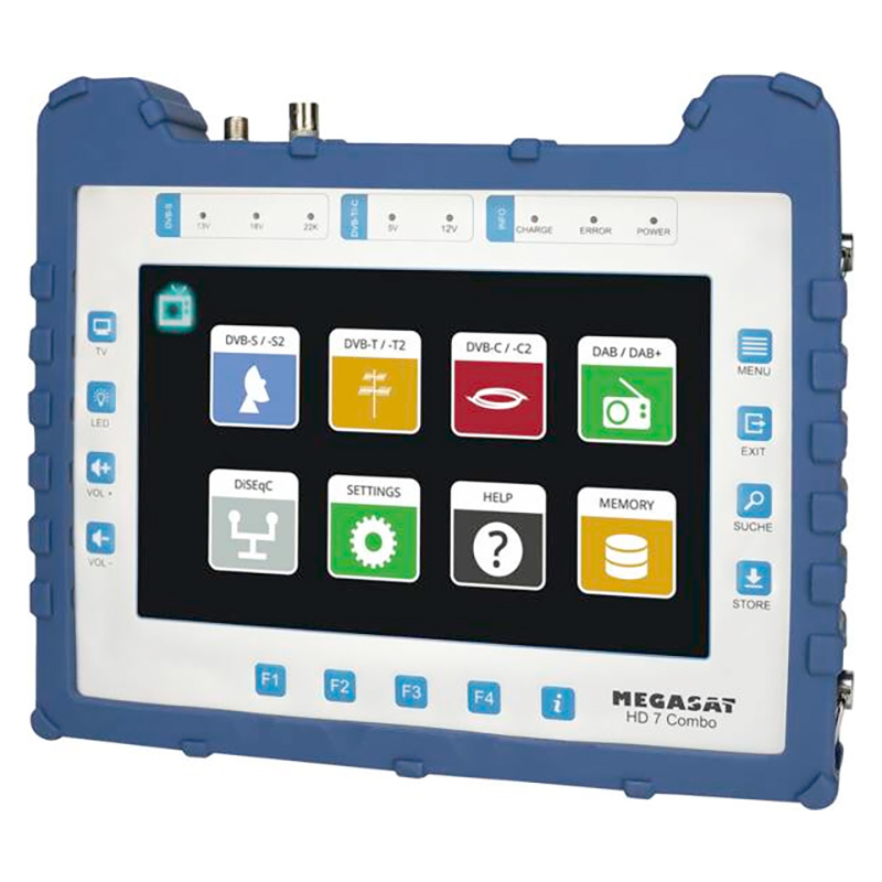 Megasat Appareil mesure antenne, mesure électrique DiSEqC, mesure TNC (câble), mesure TNS (satellite), mesure DVB-S2, mesure TNT (terrestre), mesure DVB-T2, sacoche