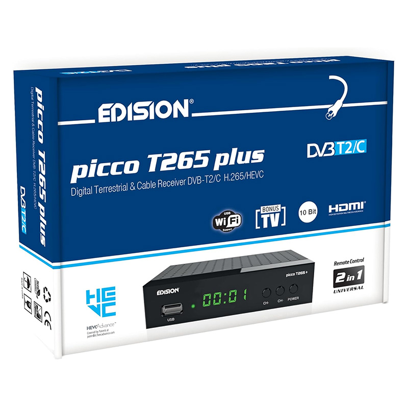 Edision Picco T265 Plus Récepteur Terrestre TNT DVBT2 et par Câble DVBC, H.265 HEVC FTA Haute définition,PVR,USB,HDMI,SCART, Capteur IR