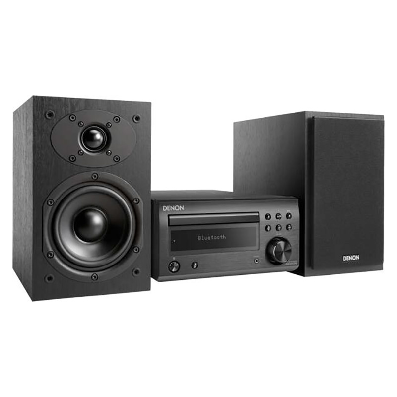 Denon système stéréo mini, puissance nominale 2×30 Watts, lecteur CD, radio, FM, réception DAB+, In AUX, connexion Bluetooth, prise casque d’écoute